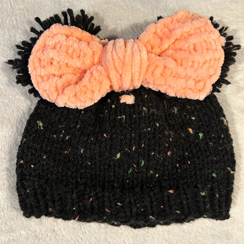 Minnie Mouse Ears Knit Hat with Peach Orange Bow 3-6 months